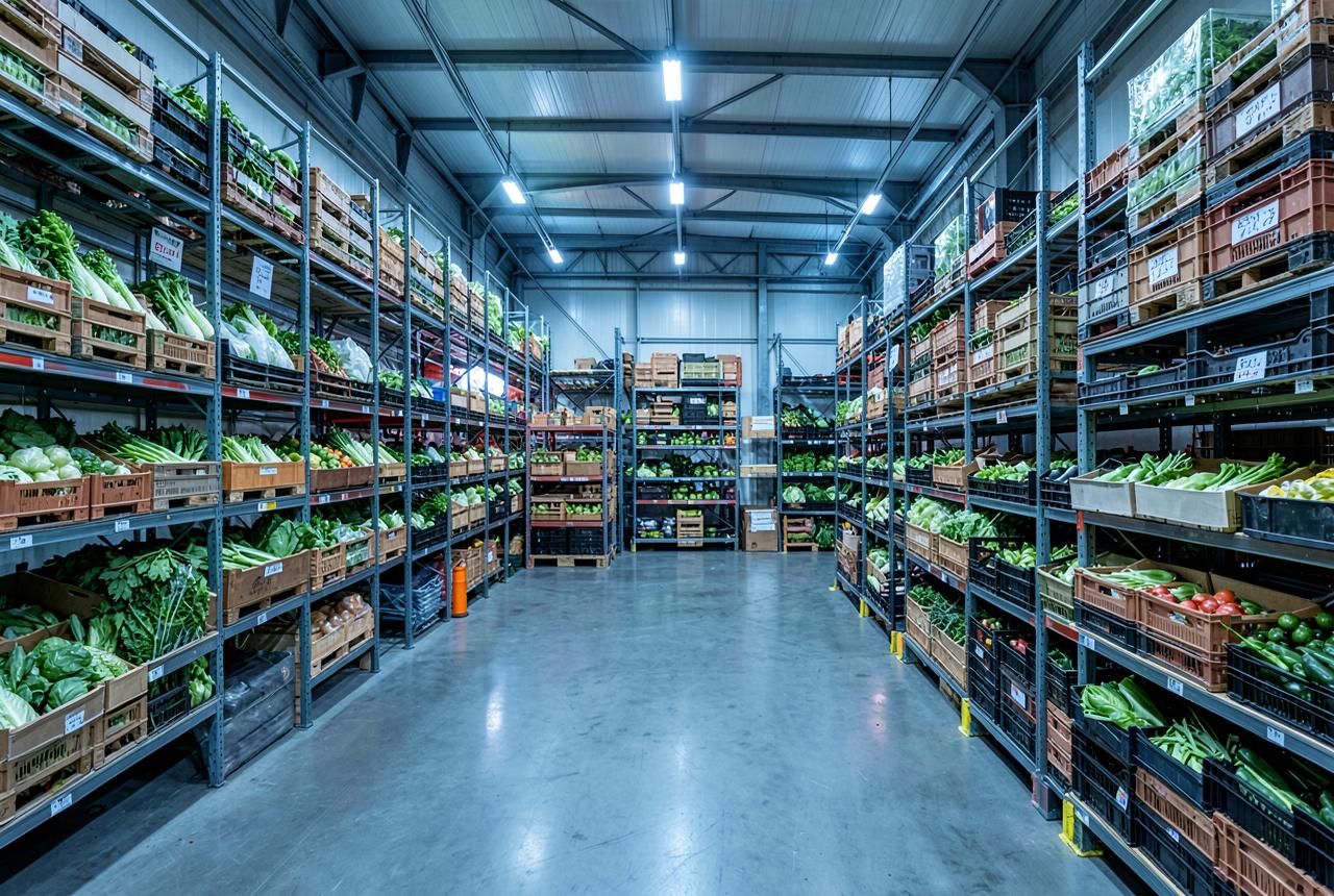 Pallets of produce inside a cold store