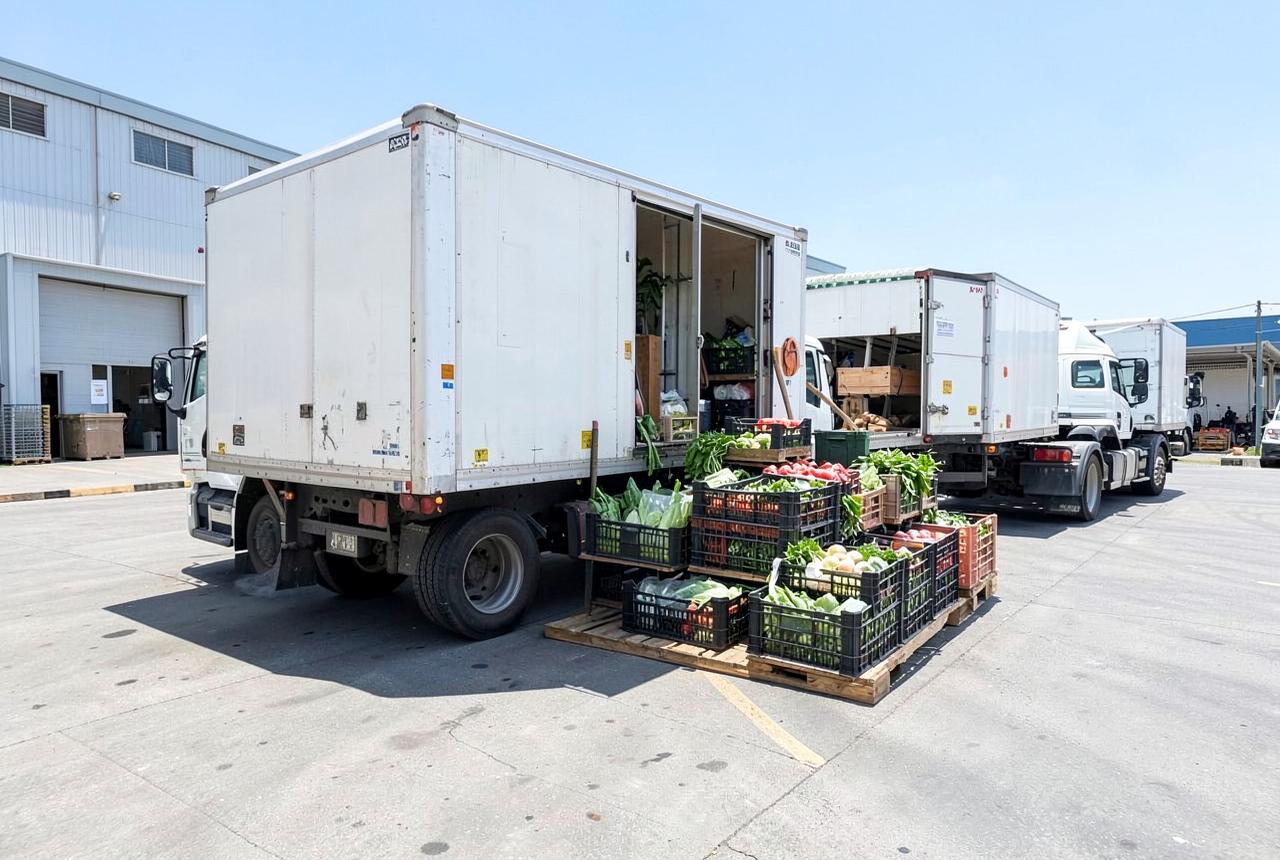 Refrigerated trucks being loaded with crates of fresh produce at a distribution depot