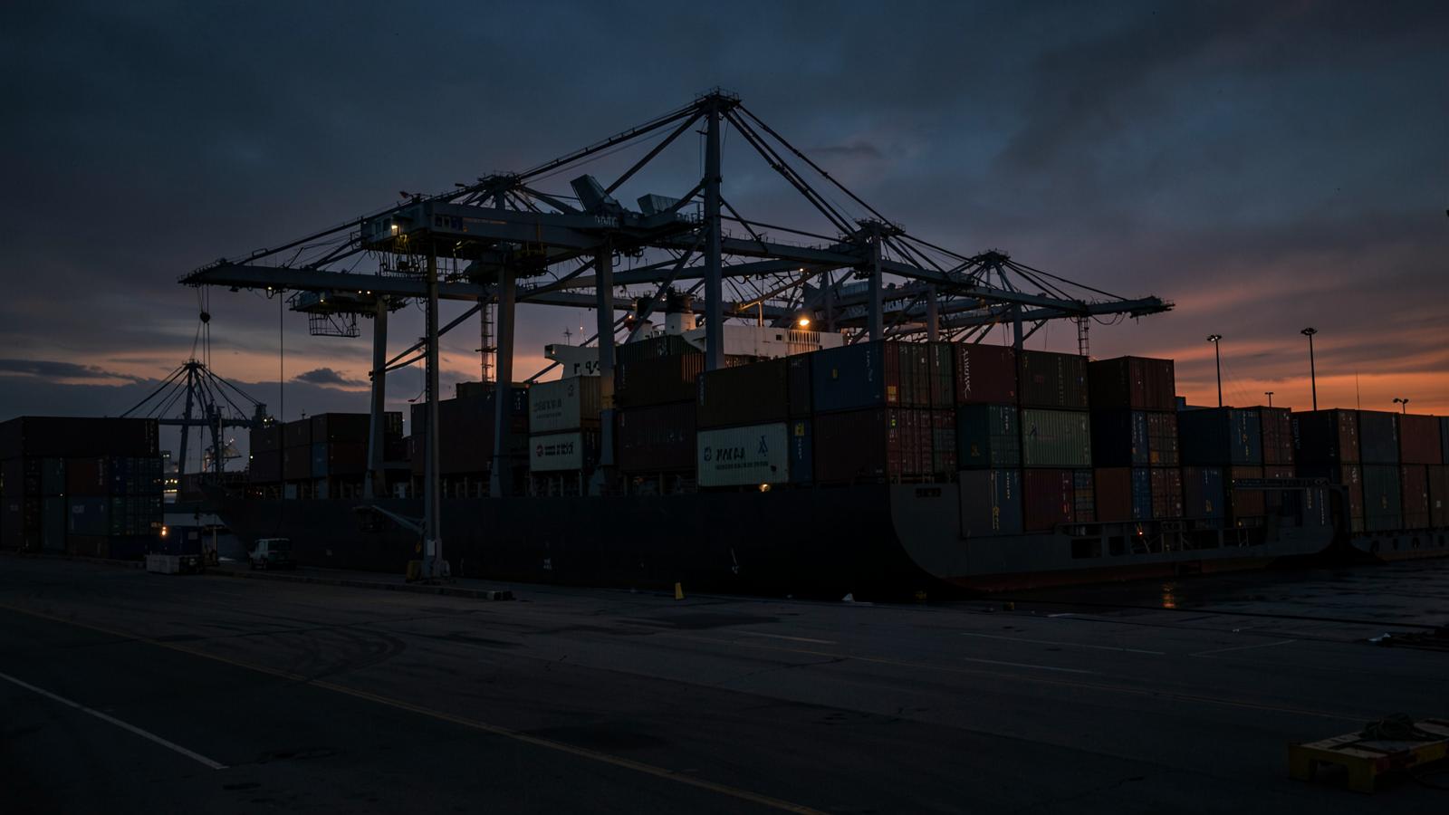 Container ship being loaded at a port terminal at dusk